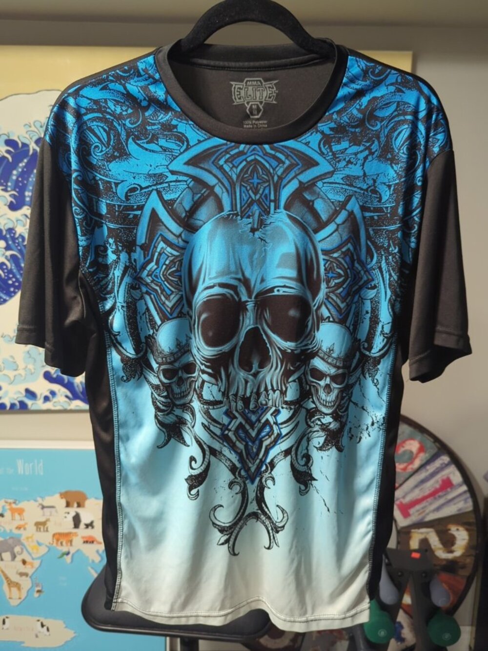 Vintage Y2K MMA Elite Fighter Blue Skull Cross Grunge Tribal Goth Shirt Med